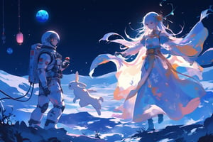 Anime style by J.C. Leyndecker. lyn. iam. ando. An astronaut celebrating the Moon Festival on the surface of the moon with Chang'e, the moon goddess, and the Jade Rabbit. The astronaut is in a modern spacesuit, holding a mooncake, while Chang'e stands beside him, wearing traditional, flowing robes with a soft, glowing aura. The Jade Rabbit hops playfully around them. They are surrounded by a serene lunar landscape, with Earth glowing in the starry sky behind them. A small floating lantern adds to the festive atmosphere. The overall scene blends elements of Chinese mythology with a futuristic space setting.