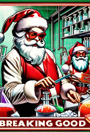 TEXT LOGO "Breaking Good" Photo Santa Clause and Elves cooking meth in a lab,  wearing chemist goggles,  art by J.C. Leyendecker,  Canon 5d Mark 4,  Kodak Ektar,  neon light,TEXT LOGO,none