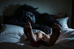 Photo a woman peacefully sleeping in her bed. Looming over her is a massive shadow creature, its fingers gently touch her foot. The atmosphere is one of suspense and unease, with a blend of light and darkness that captures the viewer's attention