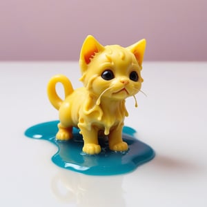 Profile of a melting yellow wax sculpture of a tiny cute chibi kitten, looking up, melting in a pool of wax