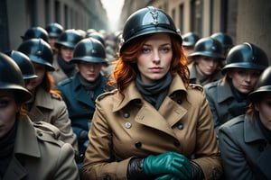 selfie, fine art photo, glamour shot, (designed by Chris Friel:0.8), photograph, crowded street, stylized, (Woman:1.3), Resting on a diagonal, the Woman has Chestnut hairstyle, Gloves, inside a Trench, Light, Heterotype, Sony A7, 800mm lens, vibrant, colorful, dramatic, epic atmosphere, theatrical, badge, Stahlhelm