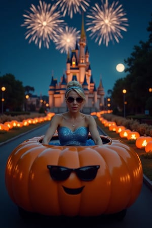 Cinderella driving pumpkin-shaped car as she heads to the ball. Cinderella, dressed in her sparkling blue gown, wears cool aviator sunglasses, adding a modern and edgy twist to her classic look. The car is round and shaped like a giant pumpkin. In the background, a majestic castle stands illuminated under the night sky, with bright fireworks bursting above it. The road leading to the castle is lined with glowing pumpkins, adding a magical touch. The vibe is a mix of fairytale magic and modern cool. Soft moonlight, vibrant fireworks, modern fairytale aesthetic, whimsical yet stylish.