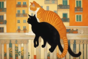 Two cats kissing on a balcony. One cat is an orange tabby. The other is a black cat. Art by Gustav Klimt