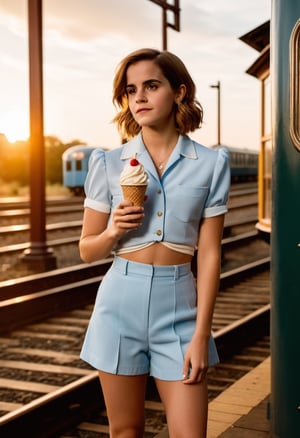 Photo Emma Watson, standing next to post in a abandoned train station, eating ice cream, retro 90s, golden hour