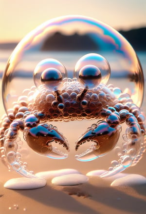 photorealistic fully transparent unusual crab completely made of soap bubbles, highly detailed, on the beach in front of the ocean, perfectly renderedLora: Aether_Bubbles_And_Foam_v1_SDXL_LoRA", "weight": 0.62