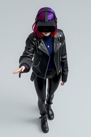 1st 3D prompt: 3d octane render. Overhead shot of a Woman in Black Cyberpunk leather jacket and boots, VR Headset, with her right hand reaching out toward viewer, Raihbow colored hair.