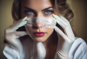 Instagram photo of 26 y.o sexy nurse, putting on rubber gloves, perfect detailed eyes, natural skin, hard shadows, film grain, style by J.C. Leyendecker. Canon 5d Mark 4, Kodak Ektar, 35mm