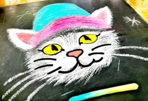 Ch4lk4rt, a very soft and fluffy blurry colorful chalk drawing of a (soft chalk cat face) wearing a hat, on a chalk board