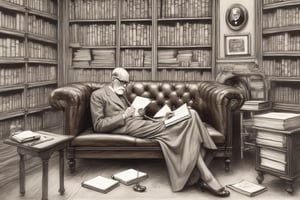 A drawing of a woman lying on a classic leather couch. Sigmund Freud, is seated in a small wooden chair opposite her, taking meticulous notes on a notepad. The woman looks introspective, dressed in a simple blouse and skirt, while Freud dons a suit and glasses. The walls are adorned with bookshelves and a few framed antique paintings, creating a sense of history and wisdom.