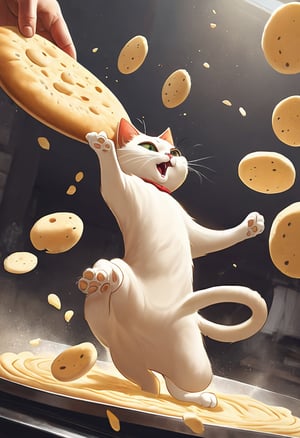 An Italian cat tossing a large disc shaped raw dough into the air