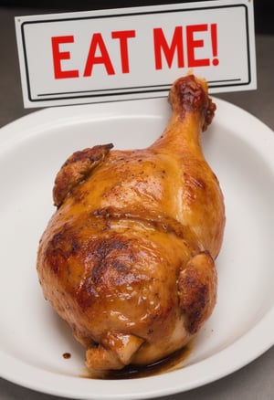 A baked chicken leg  holding sign that say "Eat Me"