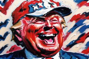 Close up of Donald Trump laughing with his mouth open, wearing MAGA baseball cap