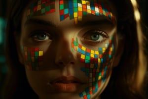 cinematic film still of a cucoloris patterned illumination casting a horizontal rectangle strip shadow on  mosaic princess with a horizontal shadow on her faces,