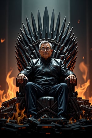 A Parody poster titled "GPU of Thrones". The throne is a towering, intricate gaming computer , witht the word "NVIDIA H100" written on it.  Surround it are piles of NVIDIA GPUs, Sitting confidently on this throne is Jensen Huang, a short, 50-year-old Asian man with glasses, graying hair, and his signature black leather jacket. His posture is relaxed but commanding, embodying the cool authority of a tech titan. The flames from the GPUs cast dynamic, glowing reflections off his glasses and jacket, emphasizing his central role in this tech-empire parody. 