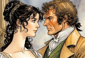 Art by Milo Manara. Closeup of a couple staring intensely at each other.  Elizabeth Bennet and Mr. Darcy from Pride and Prejudice