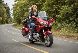 A blonde woman riding a Honda Goldwing