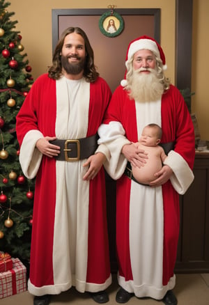 Photo a very pregnant Jesus posing for a photo with Santa