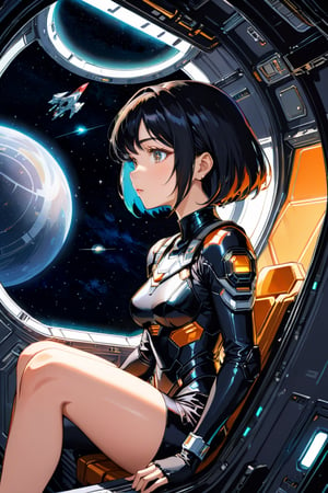 anime artwork, woman sitting  inside a spaceship, looking at the outside, deep black space, night scene, art by J.C. Leyendecker . anime style, key visual, vibrant, studio anime, highly detailed