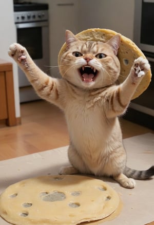 Photo doodle, an Italian cat, crying, tossing a large disc shaped raw dough into the air