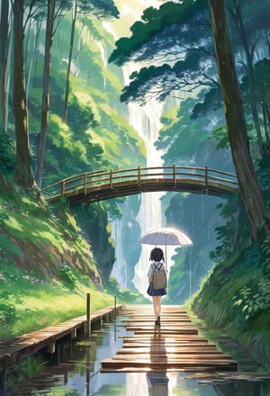 Anime illustration. Profile side view of a Japanese schoolgirl holding a transparent umbrella. She gracefully walks across a wooden bridge, with the reflection of her steps visible on the wet ground below. The background is a lush, mystical forest with towering trees and a soft, ethereal glow. Style by Makoto Shinkai. Dreamyvibes Artstyle