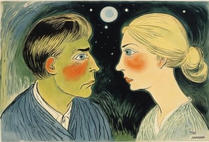 Art by Tove Jansson. A couple staring intensely at each other.