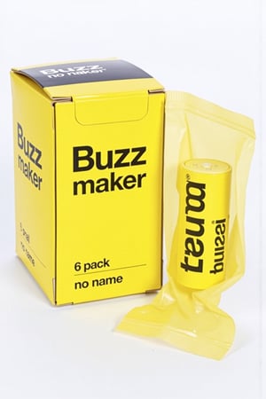 This is a photograph of a packaging box for buzz noise maker. The box is rectangular with a bright yellow background and a black border, displaying a minimalist design. The front of the box features prominent black bold text "Buzz", and "Maker" below in a slightly larger, bolder font. Below this, in smaller text, it reads "no name" in black. The dimensions are specified as Extra Small, and the brand name "6 Pack" is printed at the bottom right corner.  Next to the box is a buzzer in a yellow wrapper that says "Buzz" in black bold font. 