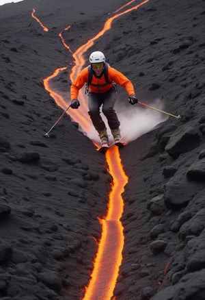 Photo Close up of skier going downhill on volcano lava.