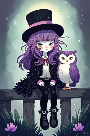 Dreamy art. A little girl with messy long hair sitting on the fence with her fluffy owl beside her. She wears a top hat,  leather pants, buckled boots. The color palette includes purples, pinks, blacks, green and lavenders, with touches of white. She has marbled lipstick. The setting is magical and enchanting, like a moonlit forest or mystical castle, reminiscent of Anton Semenov's work.surrounded by a misty color palette of translucent blues, pale grays, and ethereal silvers, contrasting with hints of faded lavender and soft ghost green, incorporating indie fashion with flowing, otherworldly fabrics and vintage lace details.