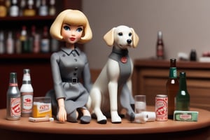 Action figure toy of a blonde female with bob haircut, smoking, wearing Mary Quant dress, grey tights flat shoes. 
BREAK
Background is the toy box with label "Patxi", pack of cigarettes , big dog white retriever, accessory and bottles of beer, sitting next to a round table bar