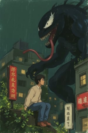 ghiblify anime. KikiLaPetiteSorciere style image. Sketch painting. ghiblistyle. A rainy night scene in a Japanese urban setting. A man in profile, is looking up in surprise at the looming and towering profile of Venom who advances on the same structure. The man wears a light beige long-sleeved shirt, blue jeans, and red shoes. Venom is depicted in his classic form: large, black, and muscular with a toothy grin, long red tongue, and white, menacing eyes. Heavy rain is falling and everyone is soaking wet. The background features a dense array of multi-story buildings with glowing windows and Japanese signage. Two vertical signs are prominent in the foreground. One, directly behind the man, is red with gold-colored characters (presumably Kanji). The other, on the lower left edge, is a lighter color with darker vertical text. The scene is filled with dark greens and blues, giving it a nocturnal and slightly melancholic atmosphere. Greenery, like vines and leafy plants, grows on the buildings and the structure where the man sits, contributing to the Ghibli aesthetic.,