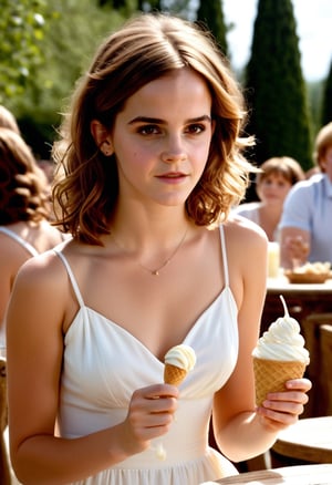 Photo Emma Watson as Hermione Granger from Harry Potter, eating ice cream, white spaghetti strap summer dress