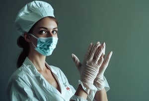 Photo of sexy nurse, putting on rubber gloves, perfect detailed eyes, natural skin, hard shadows, film grain