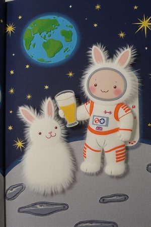 Felt material, suitable for illustrations in children's picture books. A fluffy and cute little white rabbit is drinking beer with an astronaut on the moon,   Background is the blue planet Earth and stars.