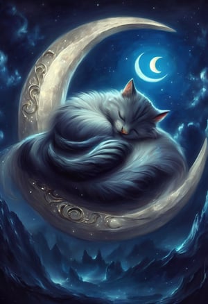 Fantasy painting of a cat sleeping on a crescent moon, night scene