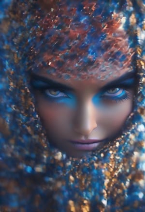Extreme closeup photo of Miss Universe, 2024. 60s colors,  depth of field,  60s fantasy,  magical,  blue hour, big eyes