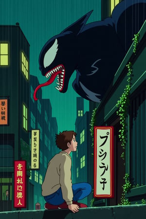 ghiblistyle. A rainy night scene in a Japanese urban setting. A man in profile, with short brown hair and light skin sits on a low, on balcony, looks up a looming and towering profile of Venom who advances on the same structure. The man wears a light beige long-sleeved shirt, blue jeans, and red shoes. Venom is depicted in his classic form: large, black, and muscular with a toothy grin, long red tongue, and white, menacing eyes. The background features a dense array of multi-story buildings with glowing windows and Japanese signage. Two vertical signs are prominent in the foreground. One, directly behind the man, is red with gold-colored characters (presumably Kanji). The other, on the lower left edge, is a lighter color with darker vertical text. The scene is filled with dark greens and blues, giving it a nocturnal and slightly melancholic atmosphere. Greenery, like vines and leafy plants, grows on the buildings and the structure where the man sits, contributing to the Ghibli aesthetic.