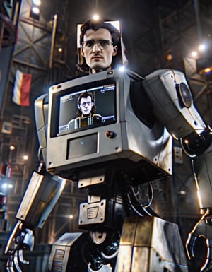 H4ck3rm4n,  a body shot of hackerman as a robot leaning to the left,  monitor head,  monitor armor,  bokeh german flag backdrop, 