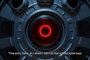 Film Still of Hal 9000, the iconic AI from 2001: A Space Odyssey, displayed in a futuristic control room. The glowing red eye of Hal is prominently featured at the center of the image, with sleek metallic surroundings. A subtitle with the text "I'm sorry Dave, I'm afraid I can't do that without some buzz." The overall atmosphere is cold, sterile, and eerie, reflecting the tense interaction between Hal and Dave, with a humorous twist in the dialogue. The lighting is minimal, focusing on the red glow from Hal's eye and the reflections on the metallic surfaces.