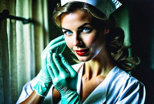 instagram photo, full photo of 26 y.o sexy nurse, putting on rubber gloves, perfect detailed eyes, natural skin, hard shadows, film grain, style by J.C. Leyendecker. Canon 5d Mark 4, Kodak Ektar, 35mm