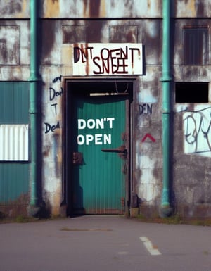 Industrial Derelict building with door painted with sign "Don't Open" 
"Dead Inside"