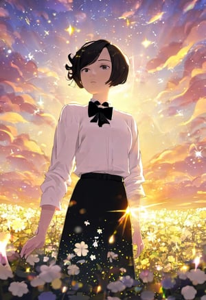 Woman, short hair, dressed in a white shirt and a black skirt, standing in a field of flowers., black bow tie and has a flower in her hair. sunset, golden hour,  cloudy sky, light particle, sparkle