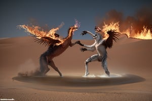 Two creatures fighting in a desert oasis.  One creature is made of flaming fire.  The other creature is made of fluid water. Steam is between them.