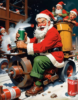 Oild painting of Angry Drunk Santa holding a coke can, driving a steamroller inside his toy factory, Elves fleeing in panic, art by Norman Rockwell.