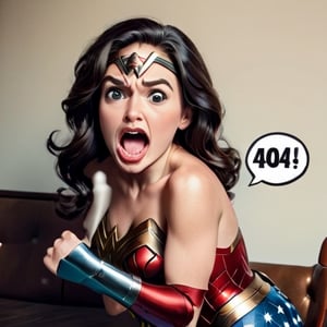 "40 4" TEXT LOGO. Wonder Woman,  mouth open. Comic strip speech bubble "40 4", TEXT LOGO,TEXT LOGO