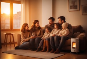 Advertising photo.  A family of four enjoying their afternoon together in the living room with a gas heater.  Lisbon city in the winter outside of the window.  Golden hour.