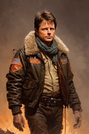 (portrait of Michael J Fox wearing old futuristic flight jacket, scars, scrap metal, radio, scarf, 1970s), in the style of Frank Frazetta, Arther Rackham, Dean Cornwell, pulp, volumetric lighting, dramatic lighting, pulp science fiction, black, smoke, belt, backpack, warm colors