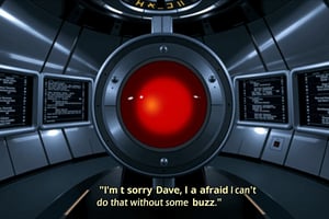 Film Still of Hal 9000, the iconic AI from 2001: A Space Odyssey, displayed in a futuristic control room. The glowing red eye of Hal is prominently featured at the center of the image, with sleek metallic surroundings. A subtitle with the text "I'm sorry Dave, I'm afraid I can't do that without some buzz." The overall atmosphere is cold, sterile, and eerie, reflecting the tense interaction between Hal and Dave, with a humorous twist in the dialogue. The lighting is minimal, focusing on the red glow from Hal's eye and the reflections on the metallic surfaces.