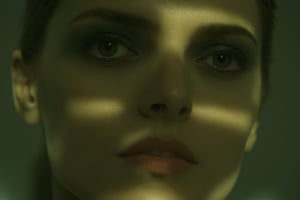 cinematic film still of a cucoloris patterned illumination casting a horizontal rectangle strip shadow on a woman with a horizontal shadow on her faces, the beautiful mosaic princess