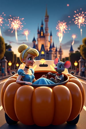 Photo of a couple driving to the ball in a car shaped like a big, round pumpkin. Cinderella is sitting in the passenger seat on the left, dressed in her sparkling blue gown, and a diamond crown on her short blond hair, adding a modern and edgy twist to her classic look. The driver, a mouse, is sitting on the right, gripping the wheel, determined to get her there on time. In the background, a grand, magical castle stands tall, with vibrant fireworks lighting up the sky. The scene is set at dusk, with soft, warm lighting highlighting the playful, fairytale atmosphere. Dynamic, cartoonish style, bright colors, wide-angle view, cinematic framing.