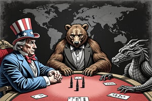 Create a satirical and symbolic illustration titled 'Nuclear Poker,' featuring Uncle Sam, a large bear (representing Russia), and a dragon (representing China) seated around a poker table. They are engaged in an intense game, with miniature missiles in the center of the table as their stakes. Uncle Sam is on the leftwearing his iconic red, white, and blue outfit, the bear sits in the midle, hulking and serious. The dragon is on the right, poised and watchful. The setting is a dark, moody room, with a world map or nuclear warning signs subtly placed in the background. The overall tone should blend humor, symbolism, and geopolitical commentary,charcoal drawing